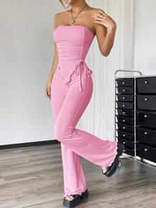 Conjunto de dos piezas con top asimétrico bandeau fruncido de unicolor y pantalones acampanados para mujer - Rosa - Ver 6