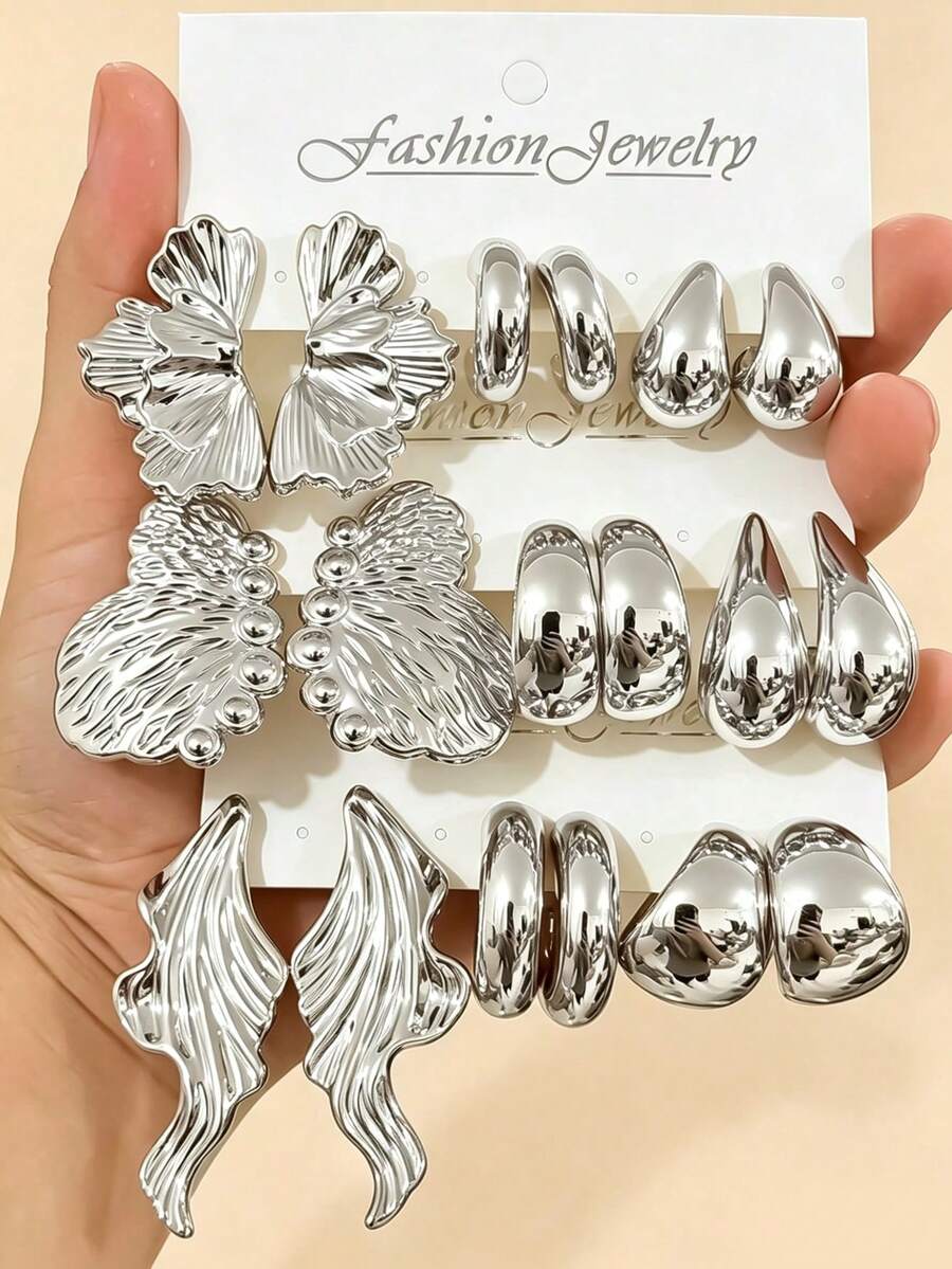 3-9 Pairs Thick Silver Earrings Set, Hypoallergenic Thick Silver Earrings For Women, Multi-Element New Fashion Earring Set - Silver - View 1