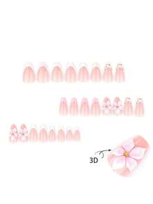 24片中長款3D法式白色穿戴式美甲 夏季花卉水鑽杏仁形指甲 + 1片果凍膠 + 1片指甲銼 - 彩色 - 查看 3