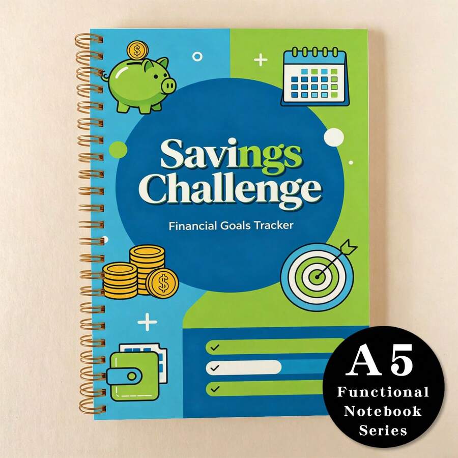 1pc A5 Paper Notebook, Money-Saving Challenge Planner - Turquoise & Blue Color Block Cover Spiral Bound Journal, Suitable For Financial Goal Management, Saving Challenge Tracking, Daily Budgeting - A5 - View 1