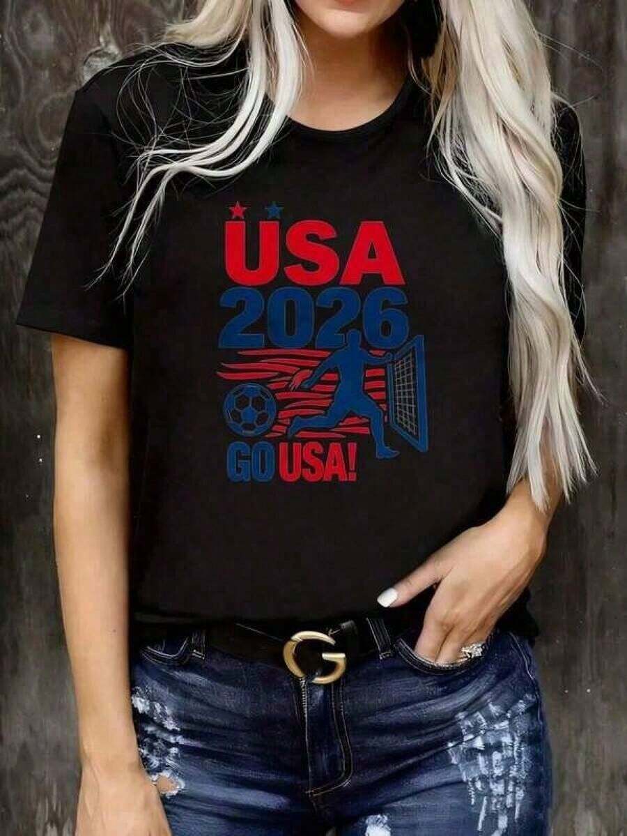 2026 World Cup Themed T-Shirt, USA 2026 World Cup Soccer Jersey, 100% Cotton, Fun, Printed, Round Neck, Short Sleeve Women's Soccer Jersey, Suitable For: Sporting Events/Christmas Parties/Outings/Sports And Other Holiday Gifts. - 黑色 - 查看 1