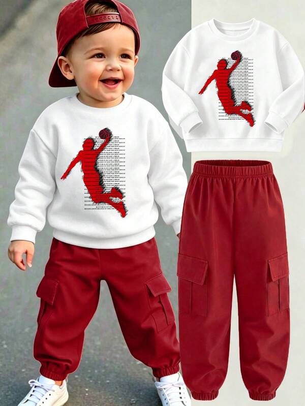 Baby Boy Character Print Long Sleeve Sweatshirt And Cargo Pants Casual Set