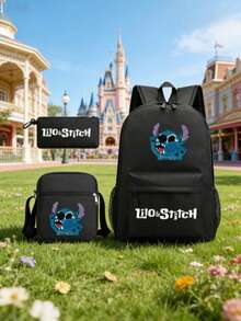 Lilo & Stitch 三件套背包，“Hello Stitch”印花书包，含斜挎包和铅笔盒，黑色休闲青少年背包 - 史迪奇三件系列 - 查看 4
