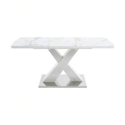 Modern Rectangular Dining Table, 120cm To 160cm, Extendable, With Patterned White Marble Top And X-Shaped MDF Legs With Metal Base.