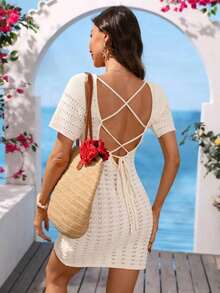 Vestido de punto de uso diario y de vacaciones con diseño hueco de unicolor para mujer - Albaricoque - Ver 3