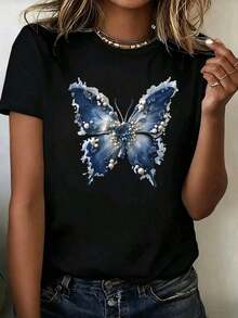 Fashion Printed T‑Shirts for Women, Oversized Streetwear Tops, Comfortable and Stylish All‑Match Summer TeesPlayera para Mujer con Mariposa Azul - Estilo Elegante Oversize Blanco - Negro - Ver 2