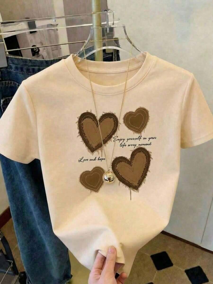 Free Shipping, Local Delivery In Mexico, 4-Day Delivery. Women's Short-Sleeved Crew Neck T-Shirt, Loose Fit, Casual And Versatile. Featuring A Modern, Elegant And Sophisticated Simple Letter Print, Perfect As A Wardrobe Staple; Made From Soft Fabric With A Beautiful Drape. - 杏子 2 - 查看 1
