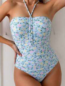 Traje de baño de una pieza para mujer, sexy, con cuello halter, espalda descubierta, estampado floral, sin tirantes. - Estampado floral azul y amarillo - Ver 7