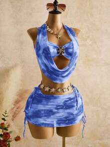 Women's Spring And Summer Beachwear Set, Featuring A Printed Mesh Tank Top With A Deep Neckline And Gold Flower Embellishment, And A Fitted Bodysuit Skirt. Earth-Toned Dress, Scarf, And Slip Dress Set For Vacation. - 彩色 - 查看 4
