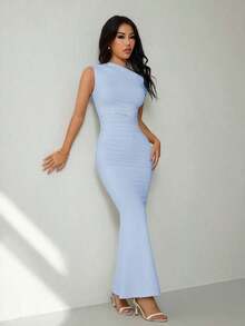 Ropa de verano, atuendos para citas diarias y viajes, atuendos de fiesta, atuendos interiores elegantes para mujeres, atuendos para salir, vestido asimétrico de sirena extra largo con hombros caídos, atuendos de club para mujeres, atuendos de - Celeste - Ver 5