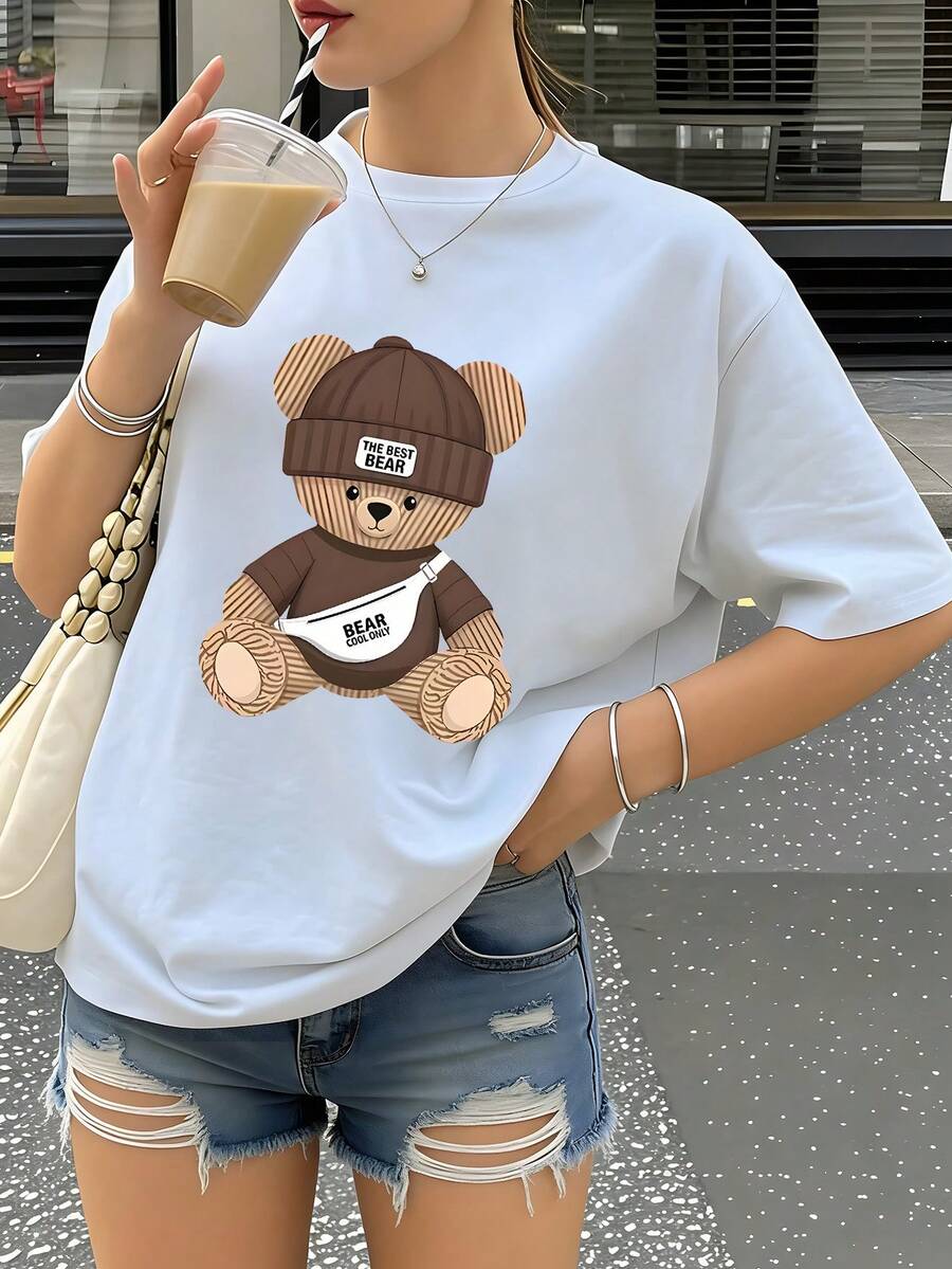 Camiseta de manga corta con cuello redondo y estampado de oso marrón para mujer, estilo casual y versátil para primavera y verano, ideal para uso diario y urbano. - Blanco - Ver 1