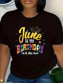 Camiseta de celebración del mes de cumpleaños de junio para mujer - Lema 'Sí, todo el mes', con diseño de estrella y corona, suéter unisex casual de verano de cuello redondo, manga corta, ligero, suave y transpirable, adecuada para fiestas de cumpleaños - Negro - Ver 5