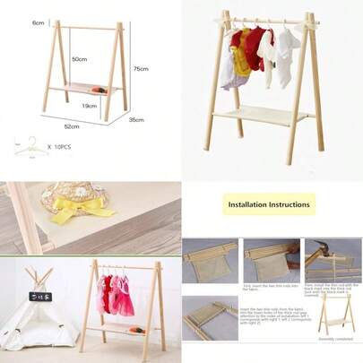 Clothing Rack With Storage Shelf, Dress Up Holder With 10 Pcs Clothes Hanger, Child Garment Stand With Hanging Rods, Small And Foldable, Bamboo