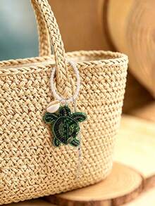 1pc Summer Bohemian Ocean Style Handmade Non-Woven Fabric Crystal Turtle Pendant Silicone Rope Bag Charm, Suitable For Women's Casual, Beach, Holiday Wear. Handmade Shape May Have Slight Variations. - Green - View 1