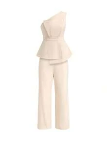 Conjunto de blusa sin mangas de un hombro y pantalones largos con cintura ajustable en unicolor elegante para mujer, ideal para verano - Albaricoque - Ver 4