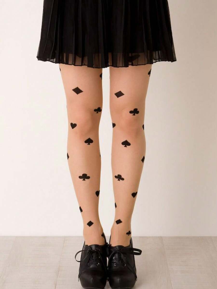 Women's Anti-Snag Transparent Pantyhose With Playing Card Pattern, High Waist Tights Suitable For Party And Daily Wear - Apricot - View 1