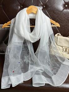 1pc Elegant Breathable Windproof Headscarf Shawl With Colorful Rhinestone Floral Pattern - White - View 6