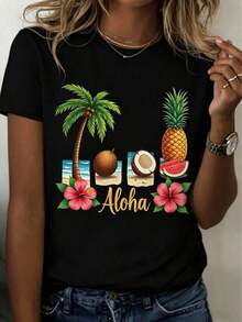 Las camisetas gráficas presentan un diseño con temática hawaiana, que muestra un brillante texto de "Aloha" y elementos tropicales como palmeras, piñas y cocos. Esta elegante camiseta para mujer presenta un patrón de letras de dibujos animados y un diseño clásico de cuello redondo. Cottno - Negro - Ver 1