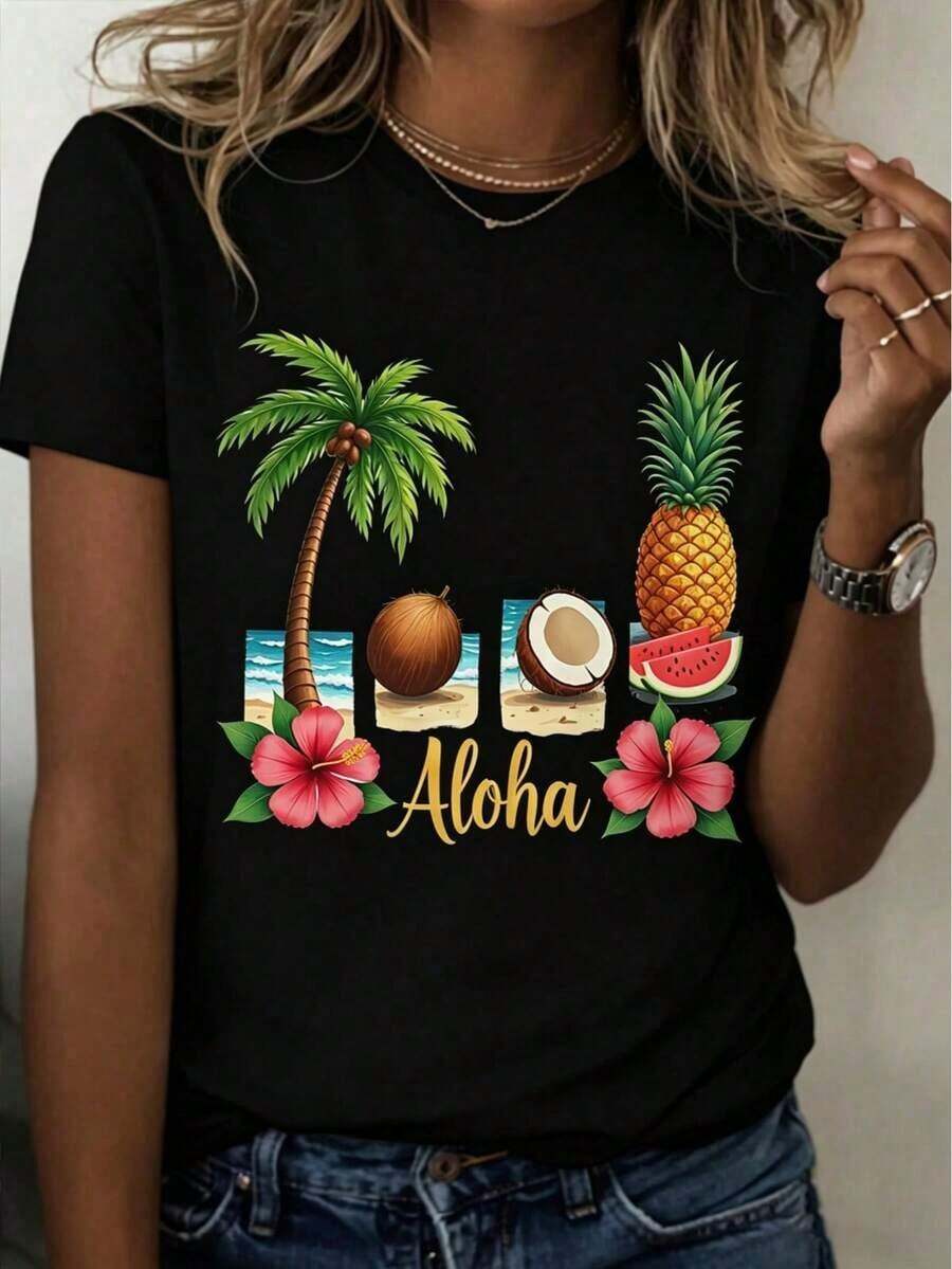 Las camisetas gráficas presentan un diseño con temática hawaiana, que muestra un brillante texto de "Aloha" y elementos tropicales como palmeras, piñas y cocos. Esta elegante camiseta para mujer presenta un patrón de letras de dibujos animados y un diseño clásico de cuello redondo. Cottno - Negro - Ver 1
