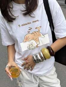 SimpleAndVersatileDesign Women's Short Sleeve Crew Neck Summer T-Shirt With "Sleeping Cat" Letter Print, Suitable For Summer, Beach, Street, And Everyday Wear. Stylish Y2K Vacation Top, Casual Summer Outfit, Women's Holiday Clothes Cotton T-Shirt - 白色 - 查看 7