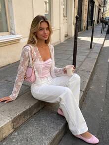 Delicate Vine Velvet Flower Lace Ruffle Trim Long Sleeve Cardigan, Women Short Mesh Sun Protection Shawl, Summer Gentle Style Sun Protection Jacket White - White - View 7