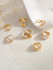 7pcs Set Fashionable Minimalist Modern Alloy Asymmetrical Shaped Rings, Plated Open Rings Suit For Party, Holiday, Gift, Daily Wear - Gold - View 2