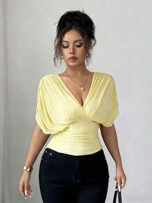 Camiseta de mujer para primavera/verano con malla, forro elástico de punto, elegante para vacaciones, playa, uso diario y casual, con estilo romántico francés, mangas con fruncidos cruzados en los hombros, cintura fruncida con cordón y volantes en el bajo - Amarillo - Ver 4