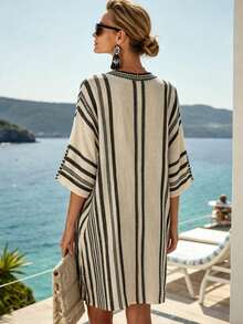 Vestido midi de mujer con solapa, botones, mangas con doble volante, vestido de vacaciones, vestido de lino estilo francés, vestido costero, vestido de crucero, atuendos de la  Amalfitana, adecuado para vestido de verano, ropa de primavera, ropa de verano, vestido de playa, ropa de playa, vestido largo elegante, vestido casual, vestido de vacaciones, ropa de verano, vestido de playa para mujer, vestido para ir al trabajo - Blanco y Negro - Ver 2