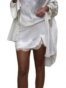 Women's Elegant Satin Lace Spliced Mini Skirt, Women's High Waist Flared Short Skirts, Streetwear For Summer And Autumn 2025 - E - 查看 6