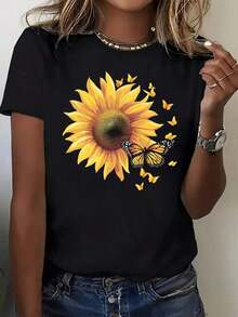 1 Pieza, Camiseta De Cuello Redondo Estampada De Modara Mujer - Camiseta De Cuello Redondo Casual De Manga Corta - Ligera Y Transpirable Para Todas Las Estaciones, Poliéster (180g) Round Neck Printed Short Sleeve Casual Everyday T-Shirt, They Are Excellent Gifts For Friends And Family,100% Cotton T-Shirts Feature, A Youthful And Fashionable Design Blusas Para Mujer Camisa - Negro - Ver 1