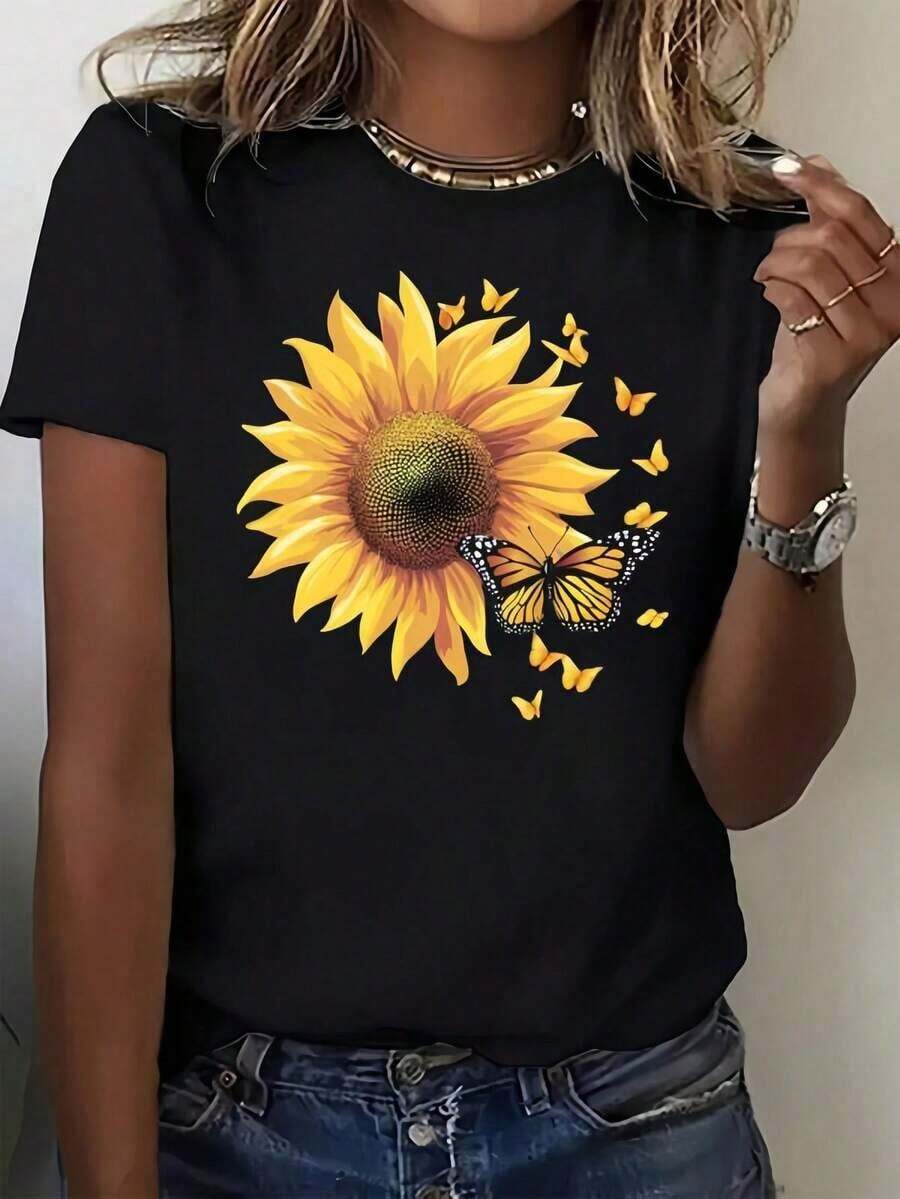 1 Pieza, Camiseta De Cuello Redondo Estampada De Modara Mujer - Camiseta De Cuello Redondo Casual De Manga Corta - Ligera Y Transpirable Para Todas Las Estaciones, Poliéster (180g) Round Neck Printed Short Sleeve Casual Everyday T-Shirt, They Are Excellent Gifts For Friends And Family,100% Cotton T-Shirts Feature, A Youthful And Fashionable Design Blusas Para Mujer Camisa - Negro - Ver 1