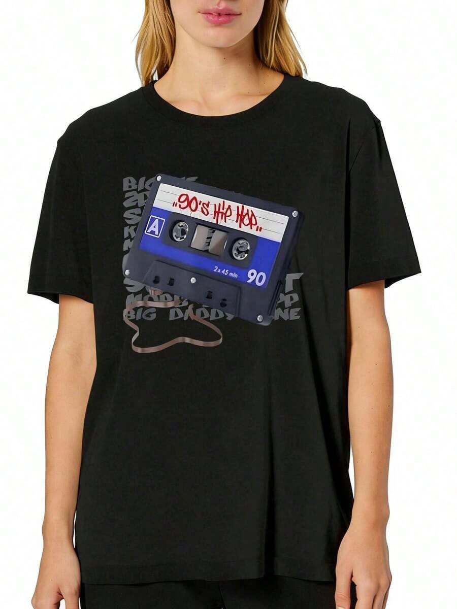 ropa de mujer 80s 90s Old School HIP HOP Camiseta con estampado gráfico de cassettes, grafiti y música rap, manga corta, cuello redondo, top casual para verano y primavera, ropa de mujer camisas de mujer - Negro - Ver 1