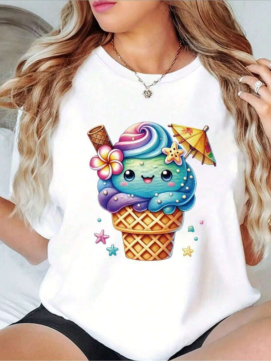 Camiseta Gráfica Tropical Negra para Mujer - Camiseta Suave con Lindo Cono de Helado, Ligera, Cómoda y Vibrante, Diseño Retro, Adecuada para Mujeres, Camiseta Casual de Manga Corta para Mujer, Talla Estándar, Camiseta Básica - Blanco - Ver 1