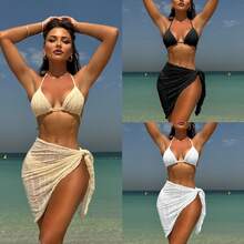 Traje de baño bikini de tres piezas de malla, sexy y de color sólido. - Rojo - Ver 2