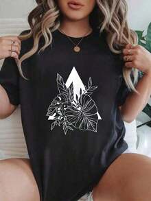Camiseta de algodón 100% holgada con estampado de hojas tropicales de monstera, manga corta, cuello redondo, estilo casual, adecuada para todas las estaciones, ropa de mujer. Camiseta básica de algodón con cuello redondo para mujer. - Negro - Ver 7