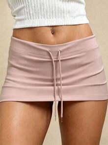 Minifalda de mujer con cintura baja y cordón, para verano - Rosa vieja - Ver 5