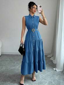 Women's Single-Breasted Sleeveless Shirt Dress With Ruffled Hem In Solid Color - Blue - View 7