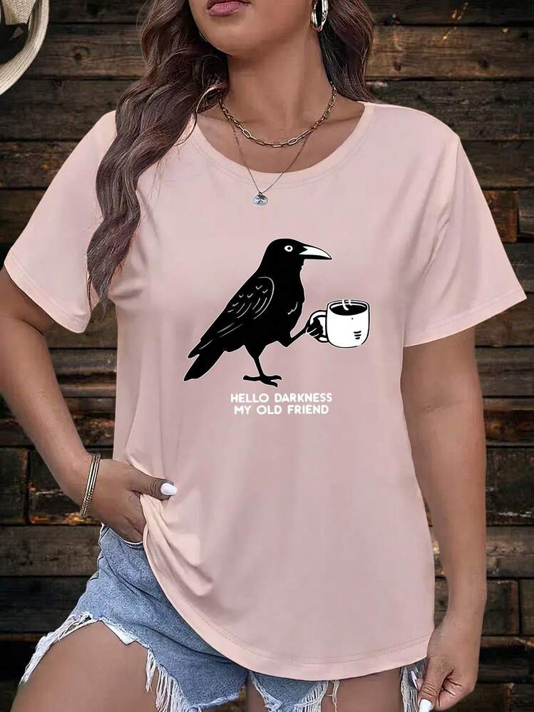 Plus Size - Plus Size -  Oversized Short-Sleeve T-Shirt For Women Featuring A Popular Crow Print, Perfect For - 淺粉色 - 查看 6