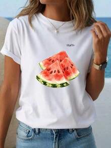 Oferta por tiempo limitado, cantidad limitada disponible,  relámpago, camisas de mujer, camisetas de mujerPlayera Casual Negra de Mujer con Estampado Frutal de Sandía en Acuarela, Camiseta Manga Corta Cuello Redondo,  Moda Verano 2026, Ropa Comoda para Salidas y Uso Diario - Blanco - Ver 4