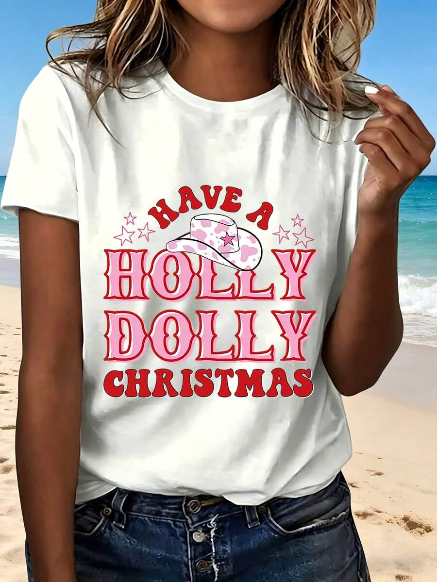 Christmas Have A Holly Dolly Christmas T Shirt With Cute Cowgirl Hat Design Fashionable Fun Holiday Gift For Women Casual Wear Perfect For Parties And Festive Occasions - Blanco - Ver 1