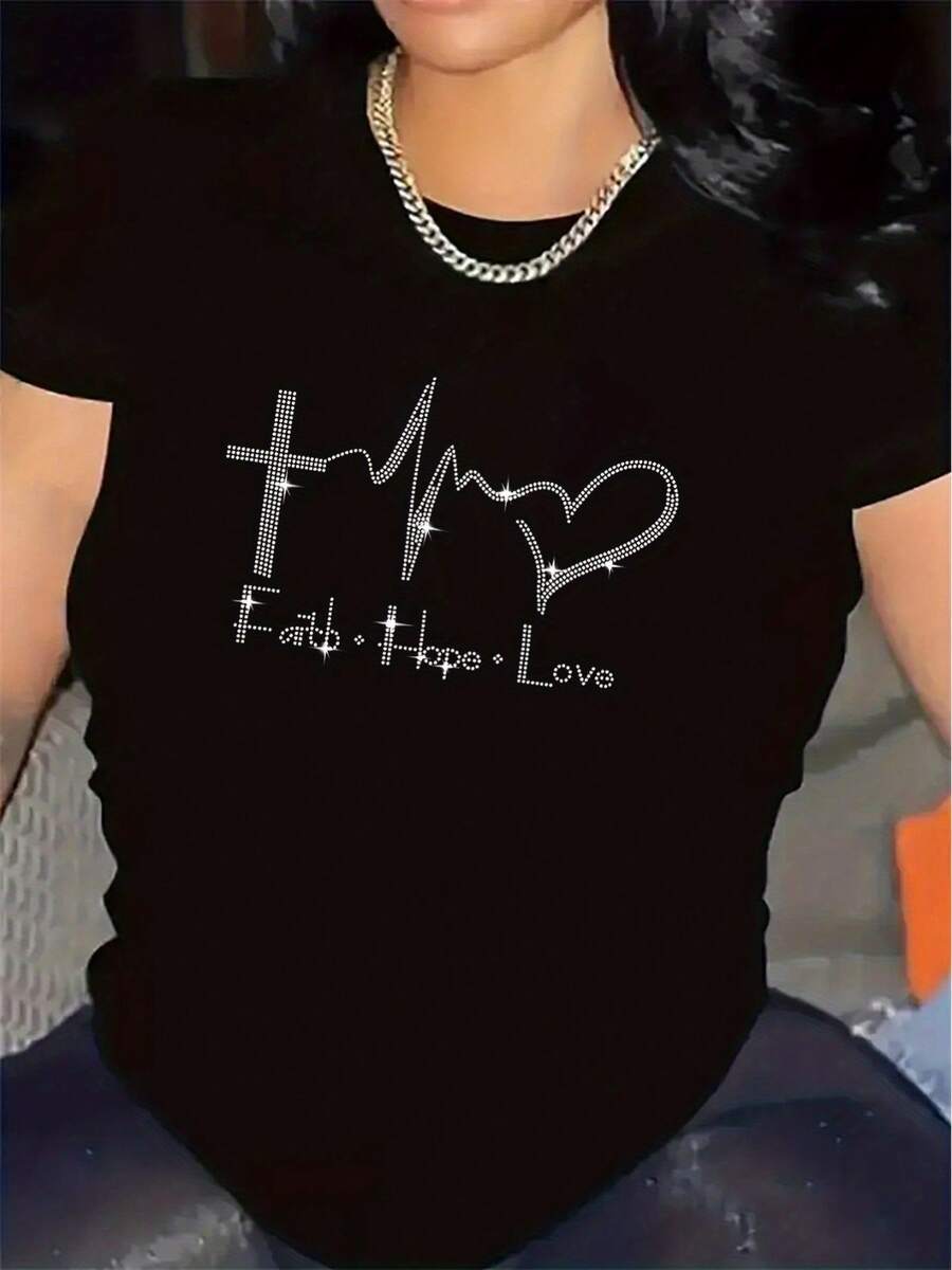 Camiseta de manga corta de poliéster con motivo de fe, esperanza y amor, duradera y cómoda para uso en el hogar, blusa versátil para mujer para uso diario, ropa elegante y ligera para actividades en interiores. - Negro - Ver 1