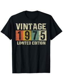 Camiseta unisex vintage de edición limitada de 1975 - 100% algodón puro, 180g, estampado de rayas geométricas transpirable, camisa holgada informal, regalo perfecto para el 50º cumpleaños (negra, tallas S-XXXL). - Negro - Ver 1