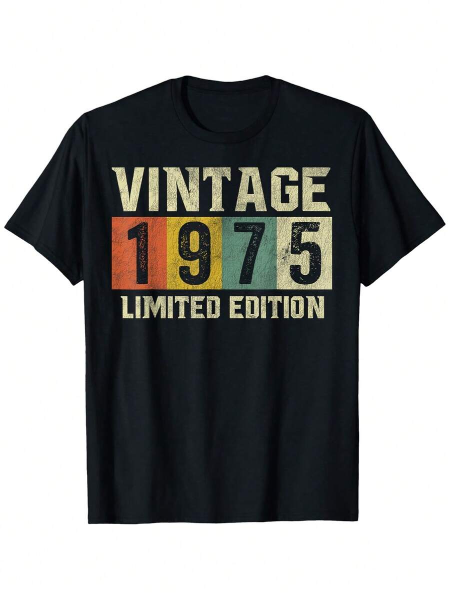 Camiseta unisex vintage de edición limitada de 1975 - 100% algodón puro, 180g, estampado de rayas geométricas transpirable, camisa holgada informal, regalo perfecto para el 50º cumpleaños (negra, tallas S-XXXL). - Negro - Ver 1
