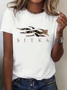 1 Pieza, 100% Algodón, Camiseta con estampado del patrón Sitka, Camiseta de mujer de manga corta y cuello redondo para primavera y verano, Parte superior casual deportiva de algodón puro y transpirable, Regalo para vacaciones - Blanco - Ver 6
