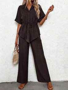 Conjunto de 2 piezas de camisa y pantalones de unicolor con cordón en la cintura, estilo casual de verano - Marrón - Ver 4