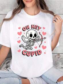 Loose1 pieza Camiseta Casual para Mujeres Día de San Valentín Cupido Esqueleto con Flecha y Corazones Impresión Linda Romántica para el Día de San Valentín, Cita Nocturna o Salidas Festivas g 100% Algodón suaveBasic Crew Neck Cotton T-shirt for Women - Blanco - Ver 1