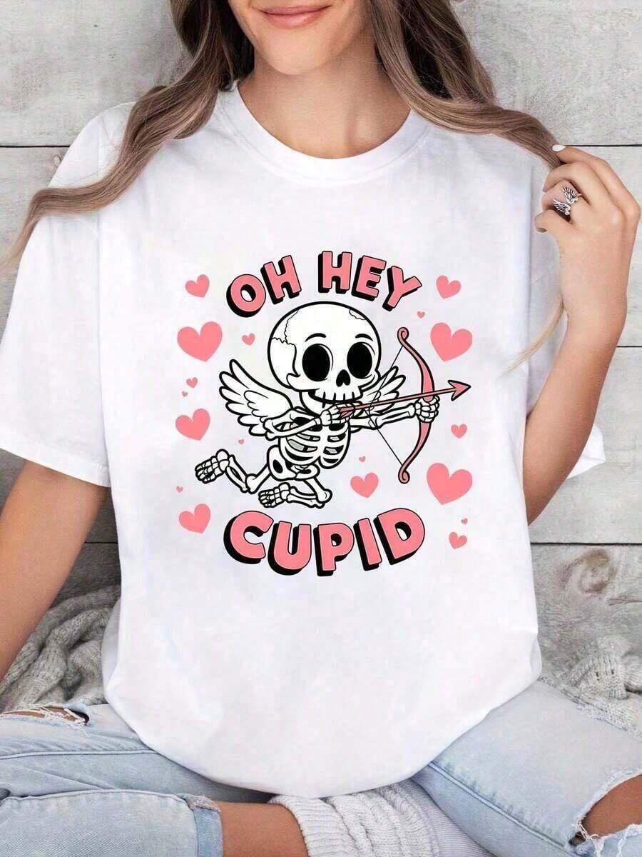 Loose1 pieza Camiseta Casual para Mujeres Día de San Valentín Cupido Esqueleto con Flecha y Corazones Impresión Linda Romántica para el Día de San Valentín, Cita Nocturna o Salidas Festivas g 100% Algodón suaveBasic Crew Neck Cotton T-shirt for Women - Blanco - Ver 1