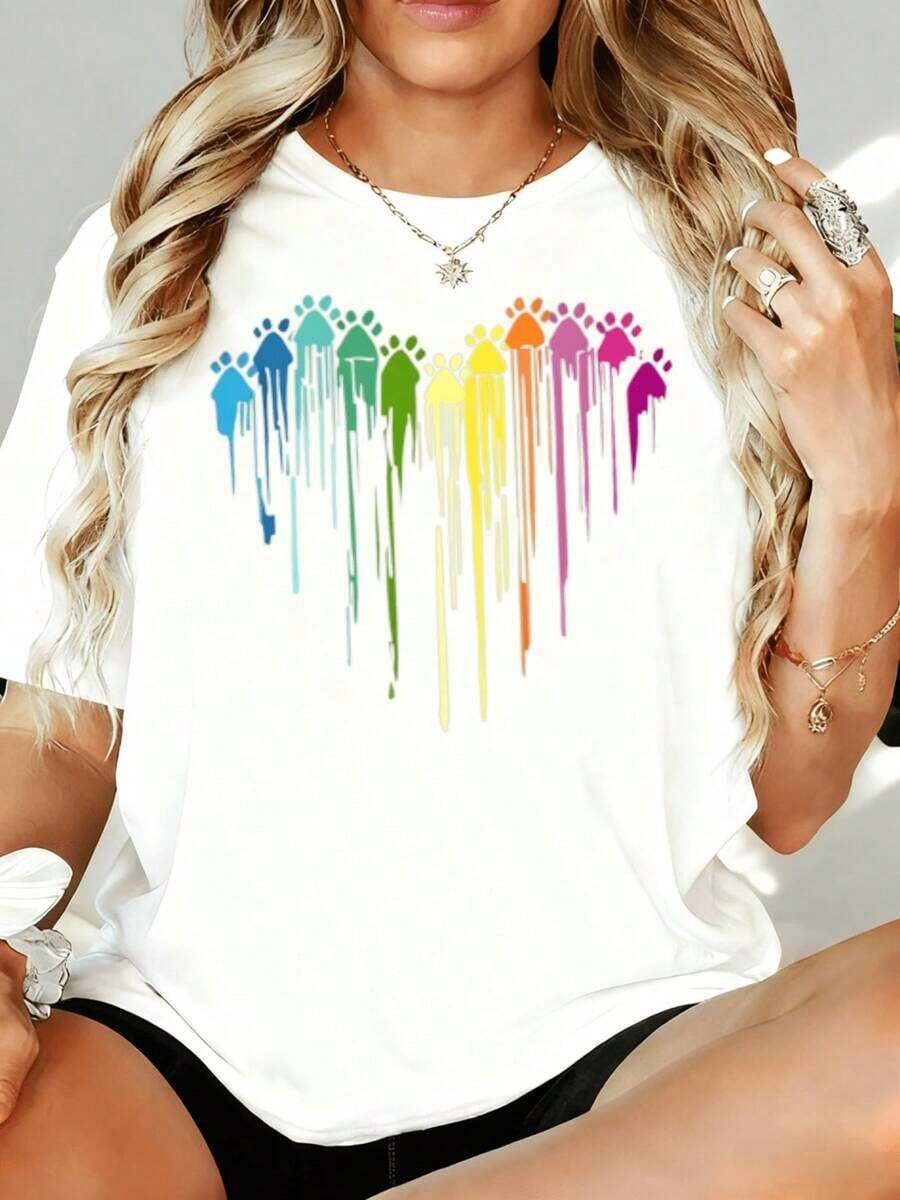 Camiseta Blanca Oversize con Estampado Gráfico de Personas Arcoíris Coloridas para Mujer, Estilo Casual, Corte Holgado, Camiseta de Moda, 180g, para Ocio, Hogar, Aire Libre, Regalo para el Día de San Valentín o Fiesta - Blanco - Ver 1