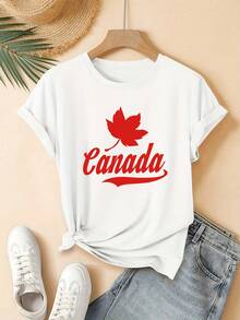 Camiseta casual esencial de manga corta con cuello redondo para mujer joven, con estampado de hoja de arce canadiense y letras rojas, moderna y linda, lavable a máquina, adecuada para el estilo casual de calle de uso diario, una excelente opción para regalos, ideal para el hogar, la oficina y otras ocasiones. Algodón Suave para Uso Diario en Verano - Albaricoque - Ver 7