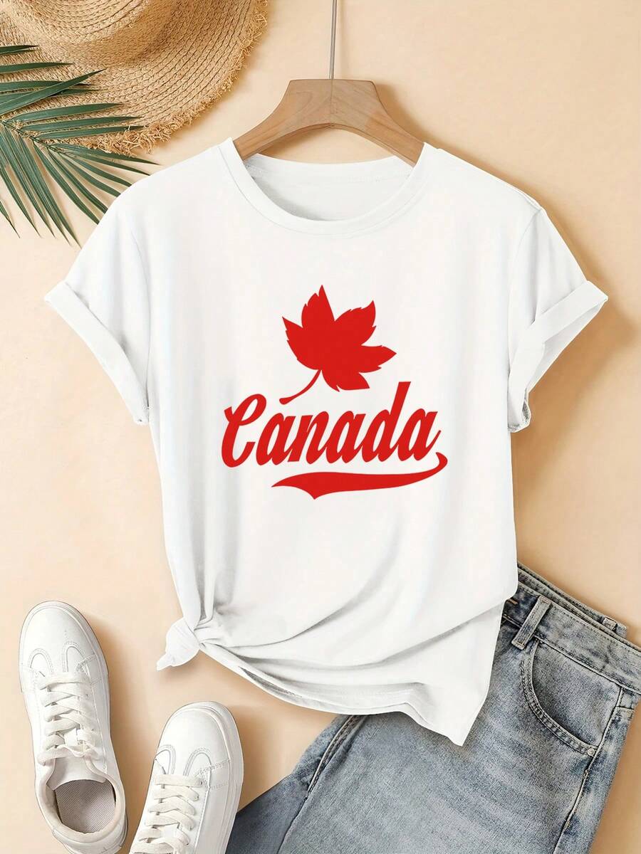 Women's Essential Short-Sleeve Crew Neck T-Shirt With A Canadian Maple Leaf Print And Red Lettering. Stylish And Cute, Machine Washable, And Suitable For Everyday Streetwear. A Great Gift Choice, Ideal For Home, Office, And Other Occasions. Soft Cotton For Summer Wear. - 白色 - 查看 1